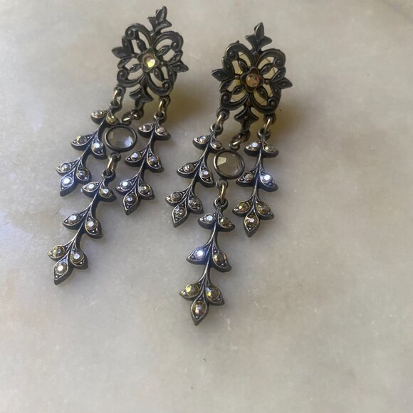 925 Sterling silver VTG Chandelier Marcasite pierced crystal dangle earrings - Picture 4 of 7
